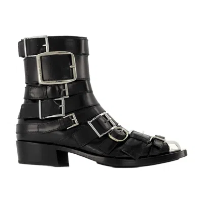Alexander Mcqueen Boxcar Boots In Black/silver Leather In Black