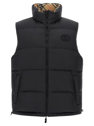 Burberry Beige Sleeveless Reversible Down Jacket With High Neck And All-over Check Motif In Tech Fabric Man In Multi