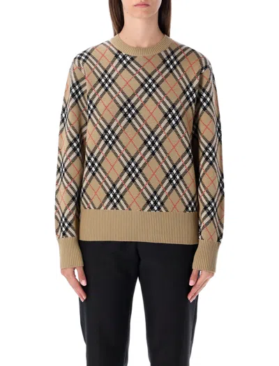 Burberry Check Wool Blend Knit Crewneck Sweater In Brown
