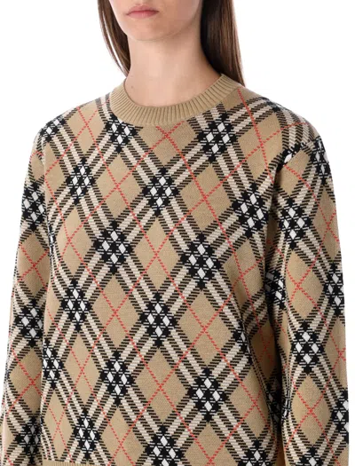 Burberry Check Wool Blend Knit Crewneck Sweater In Brown