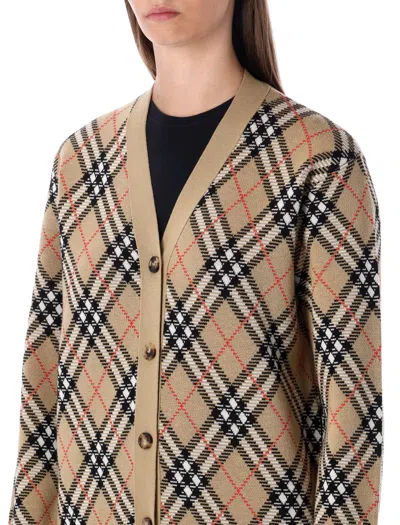 Burberry Check V-neck Cardigan In Wool And Mohair Blend In Brown