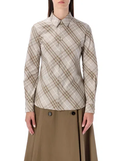 Burberry Women Beige Shirt With Pointed Collar And All-over Check Motif In Cotton Woman In Multi