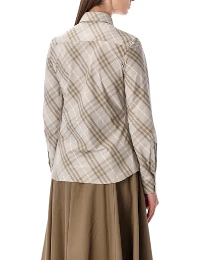 Burberry Women Beige Shirt With Pointed Collar And All-over Check Motif In Cotton Woman In Multi