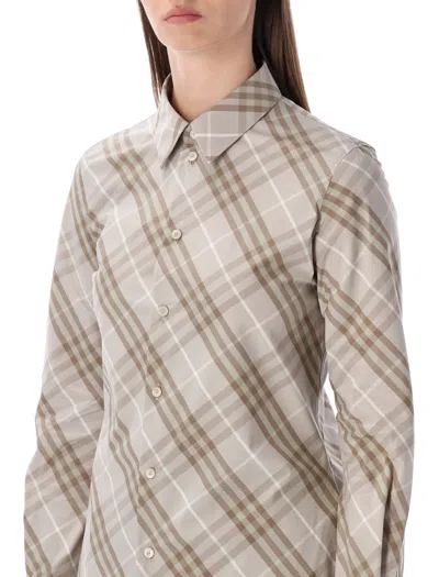 Burberry Women Beige Shirt With Pointed Collar And All-over Check Motif In Cotton Woman In Multi