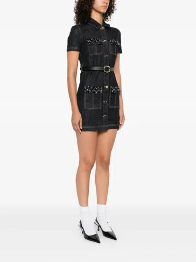 Self-portrait Indigo Denim Crystal Trim Mini Dress In Black
