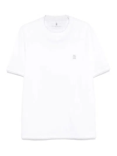 Brunello Cucinelli Men Cotton Jersey Crew-neck T-shirt With Logo And Faux-layering In White