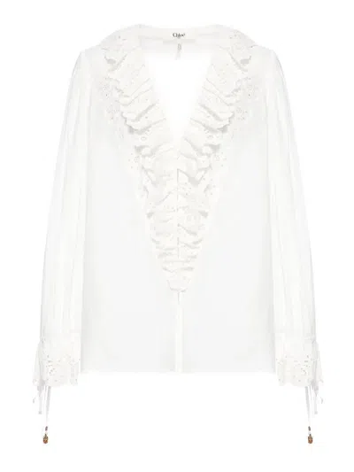 Chloé Puff Sleeve V-neck Top In Cotton Voile In White
