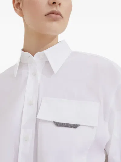 Brunello Cucinelli Classic White Shirt With Pointed Collar And Modern Mesh Detail In White