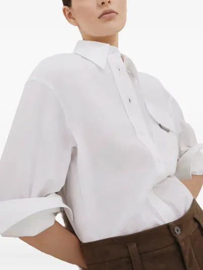 Brunello Cucinelli Classic White Shirt With Pointed Collar And Modern Mesh Detail In White