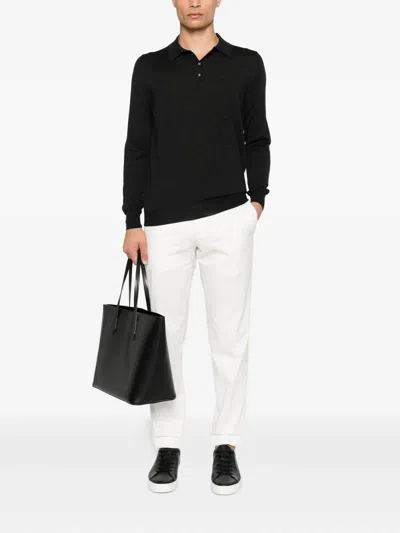 Drumohr Fitted Black Merino Wool Long Sleeve Polo In Black