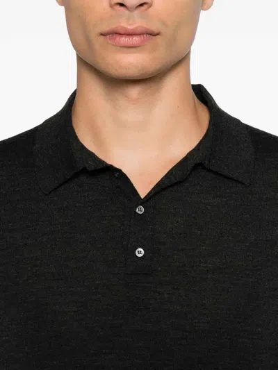 Drumohr Fitted Black Merino Wool Long Sleeve Polo In Black
