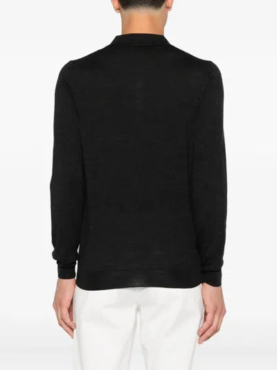 Drumohr Fitted Black Merino Wool Long Sleeve Polo In Black