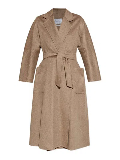 Max Mara Textured Fabric Coat Belted Waist In Nude