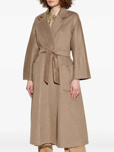 Max Mara Textured Fabric Coat Belted Waist In Nude