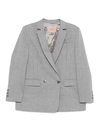 Twinset Double-breasted Pinstripe Blazer With Structured Shoulders In Gray