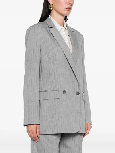 Twinset Double-breasted Pinstripe Blazer With Structured Shoulders In Gray