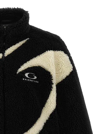 Balenciaga Oversized Fleece Texture High Neck Jacket In Black