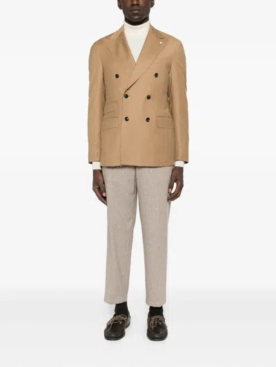 L.b.m 1911 Double-breasted Frayed-edge Blazer In Brown