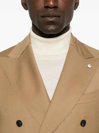 L.b.m 1911 Double-breasted Frayed-edge Blazer In Brown