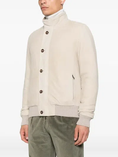 Barba Napoli Panna Tailored Jacket With High Collar And Zippered Pockets In Neutral