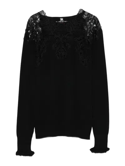 Ermanno Scervino Long Sleeve Sweater With Lace Overlay In Black