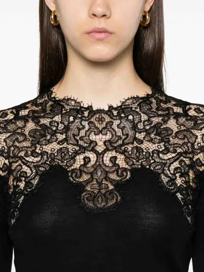 Ermanno Scervino Long Sleeve Sweater With Lace Overlay In Black