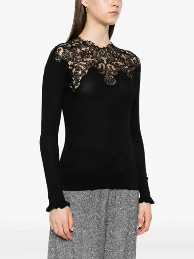 Ermanno Scervino Long Sleeve Sweater With Lace Overlay In Black