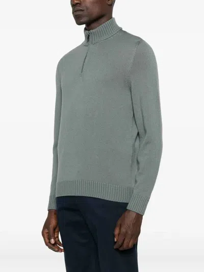 Drumohr Long Sleeve Mock-neck Zip Sweater In Green