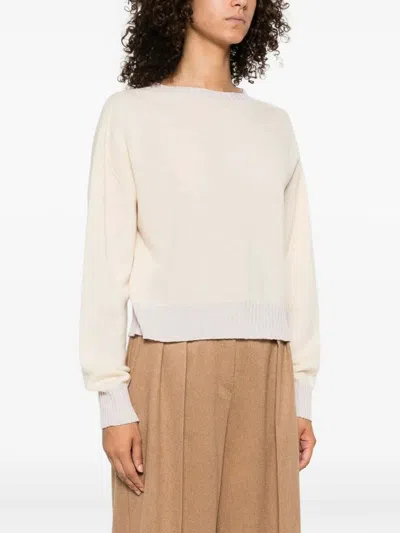 Twinset Twin-set Boat Neck Sweater In Soft Wool-cashmere Blend In Neutral