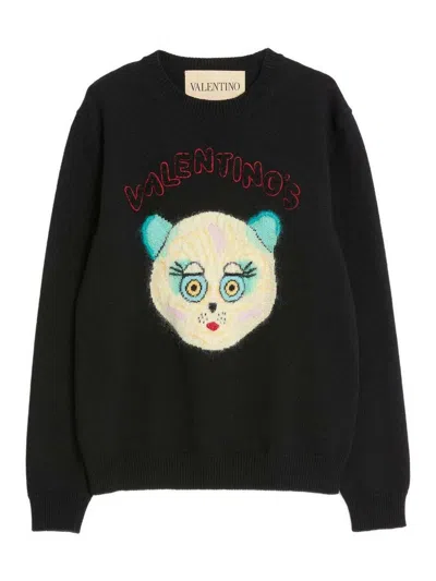 Valentino Wool Cotton Chat De La Maison Sweater In Black