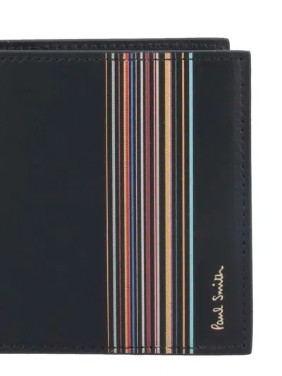 Paul Smith Calf Leather Wallet With Vertical Multicolor Stripe Detail In Black