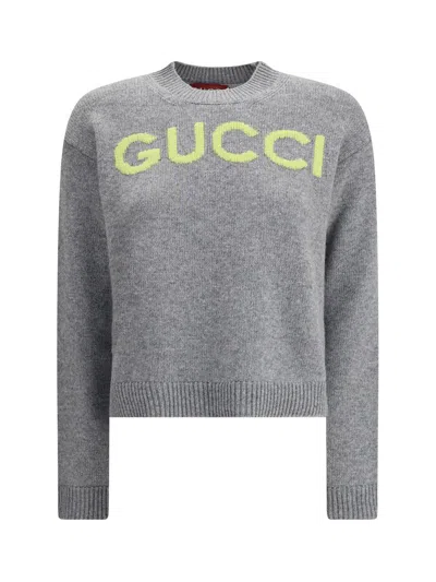Gucci Wool Sweater With Embroidered Monogram In Gray