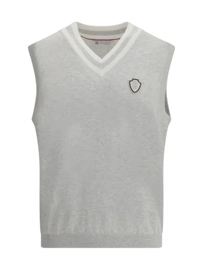 Brunello Cucinelli Men Logo Patch Vest In Gray
