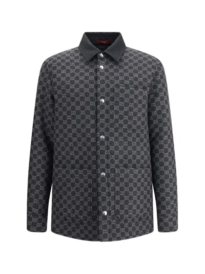 Gucci Collared Flannel Jacket Featuring Embroidered Pattern In Black