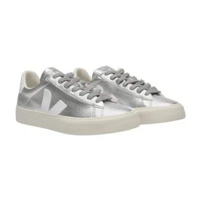 Veja Campo Sneakers In Silver And White Chromefree Leather In Silver