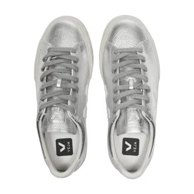 Veja Campo Sneakers In Silver And White Chromefree Leather In Silver