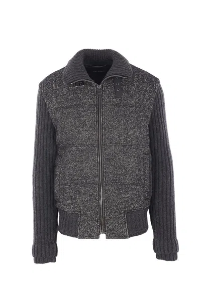 Dolce & Gabbana Herringbone-pattern Ribbed-knit Bomber Jacket In Gray