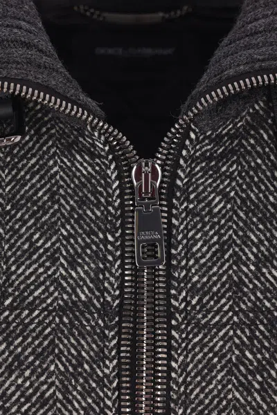 Dolce & Gabbana Herringbone-pattern Ribbed-knit Bomber Jacket In Gray