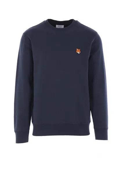 Maison Kitsuné Striped Cotton Sweatshirt Button-down Collar In Blue