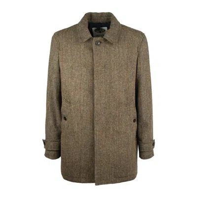 Camplin Herringbone Tweed Coat In Virgin Wool In Brown