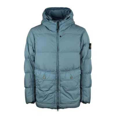 Stone Island Hooded Down Jacket Made Of Steel Blue Recycled Lightweight Nylon Reps In Blue