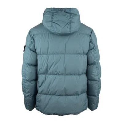 Stone Island Hooded Down Jacket Made Of Steel Blue Recycled Lightweight Nylon Reps In Blue