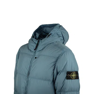 Stone Island Hooded Down Jacket Made Of Steel Blue Recycled Lightweight Nylon Reps In Blue