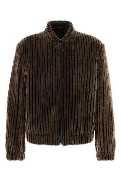Giorgio Armani Shearling Bomber Jacket Striped Pattern In Brown