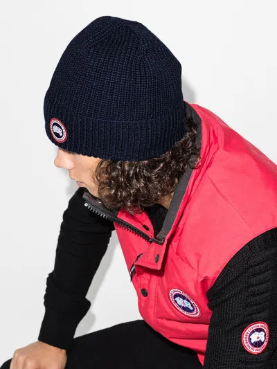 Canada Goose Mens Navy Heather Ribed Toque Wool Beanie Hat In Blue