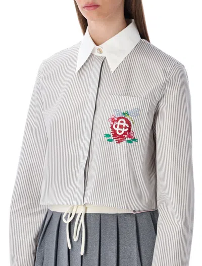 Casablanca Cropped Long-sleeved Striped Shirt With Floral Embroidery In Multi