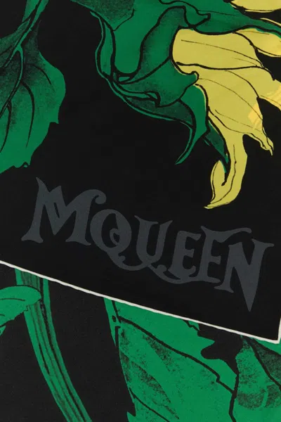 Alexander Mcqueen Floral Print Silk Scarf In Rectangular Shape In Black