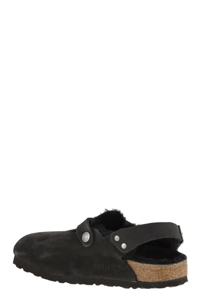 Birkenstock Tokio Leather And Fur Slippers In Black