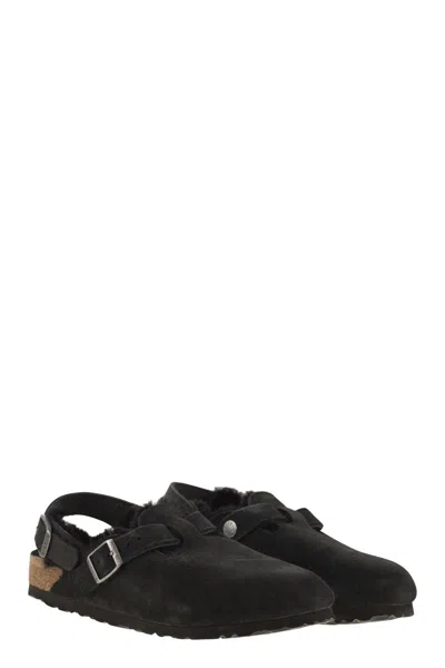 Birkenstock Tokio Leather And Fur Slippers In Black