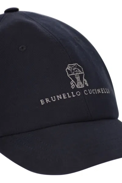 Brunello Cucinelli Men Baseball Cap In Garment-dyed Twisted Cotton Gabardine With Embroidered Logo In Blue